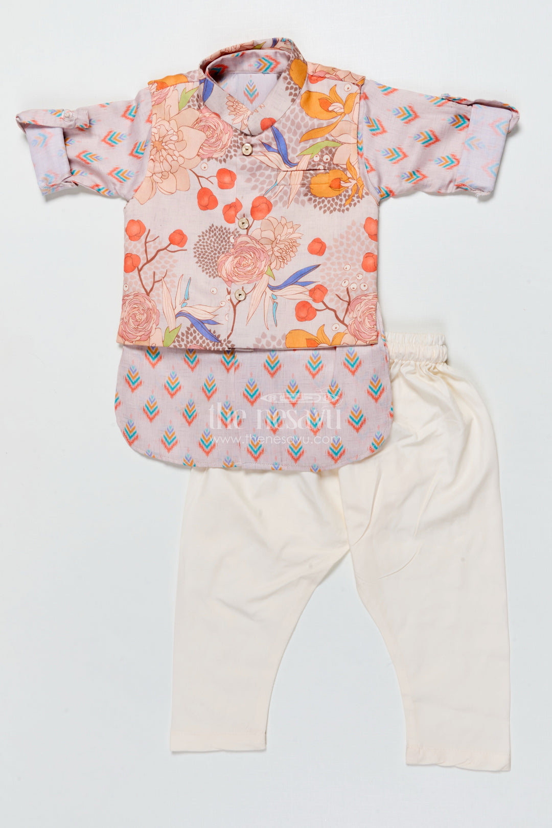 The Nesavu Boys Kurtha Set Boys Kurta Pajama with Printed Jacket for Weddings and Ethnic Functions Nesavu Nesavu boys kurta pajama printed jacket modal silk  perfect weddings festive days