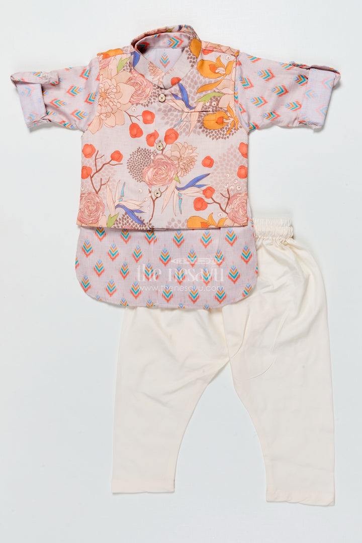 The Nesavu Boys Kurtha Set Boys Kurta Pajama with Printed Jacket for Weddings and Ethnic Functions Nesavu Nesavu boys kurta pajama printed jacket modal silk  perfect weddings festive days