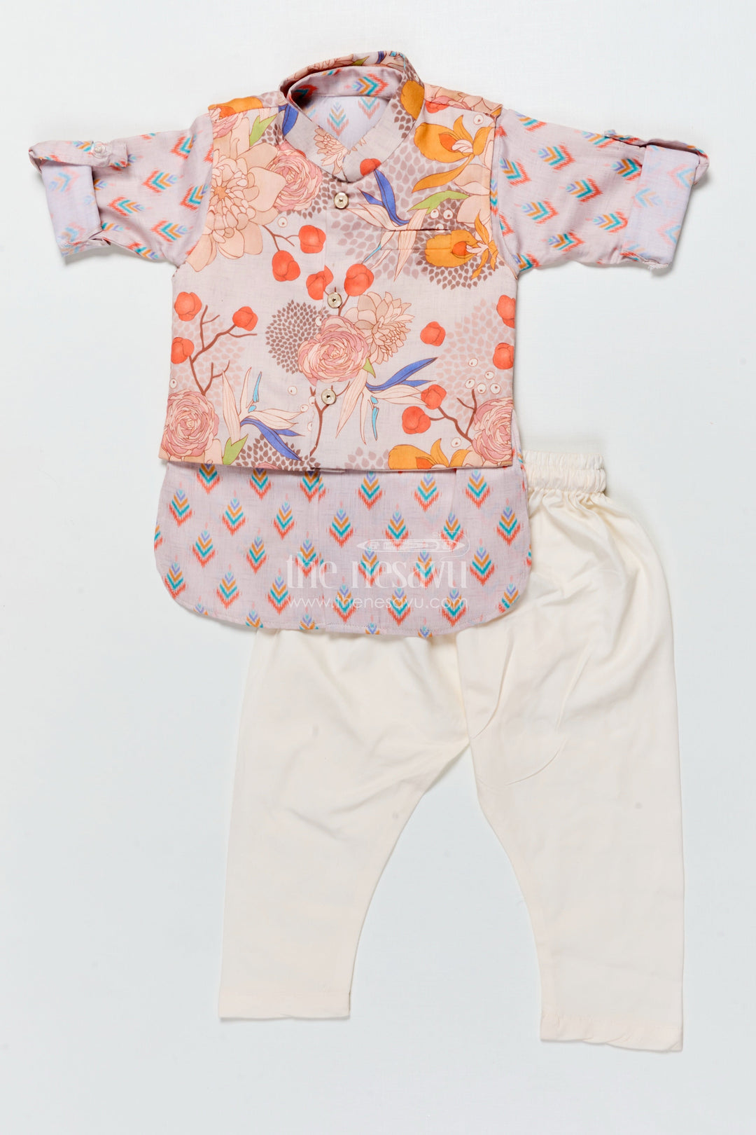 The Nesavu Boys Kurtha Set Boys Kurta Pajama with Printed Jacket for Weddings and Ethnic Functions Nesavu Nesavu boys kurta pajama printed jacket modal silk  perfect weddings festive days