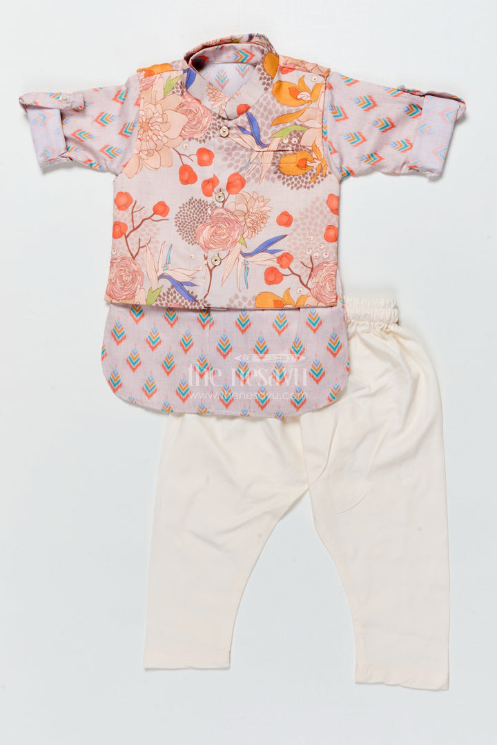 The Nesavu Boys Kurtha Set Boys Kurta Pajama with Printed Jacket for Weddings and Ethnic Functions Nesavu Nesavu boys kurta pajama printed jacket modal silk  perfect weddings festive days