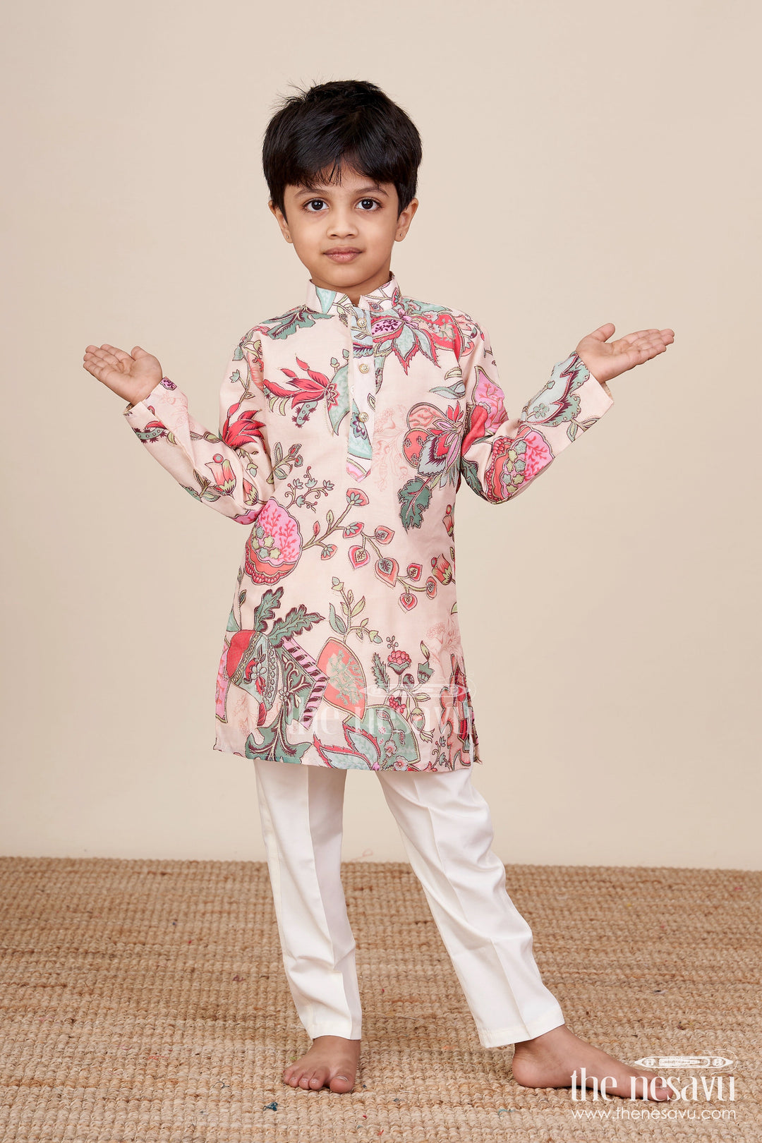The Nesavu Boys Kurtha Set Boys Kurta Set for Ethnic Day and Cultural Celebrations Nesavu 16 (1Y) / Cream BES815C-16 Nesavu boys kurta set floral digital print cotton ethnic functions school celebrations