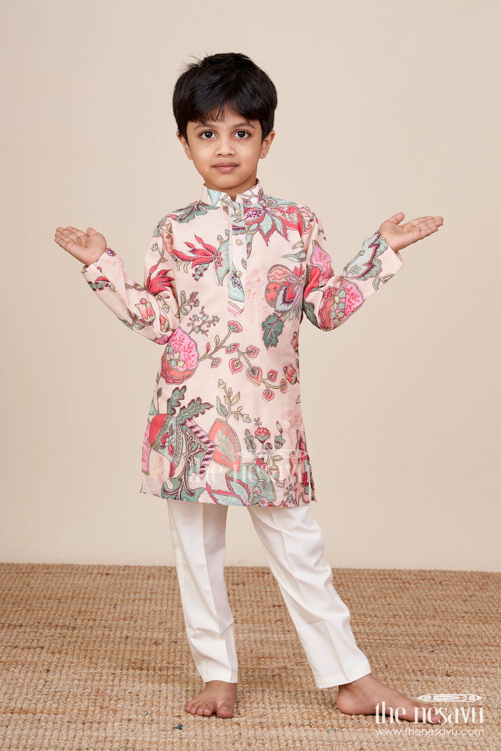 The Nesavu Boys Kurtha Set Boys Kurta Set for Ethnic Day and Cultural Celebrations Nesavu 16 (1Y) / Cream BES815C-16 Nesavu boys kurta set floral digital print cotton ethnic functions school celebrations