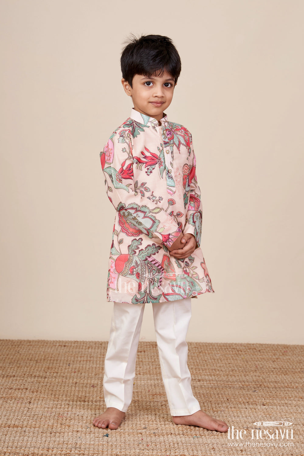 The Nesavu Boys Kurtha Set Boys Kurta Set for Ethnic Day and Cultural Celebrations Nesavu Nesavu boys kurta set floral digital print cotton ethnic functions school celebrations