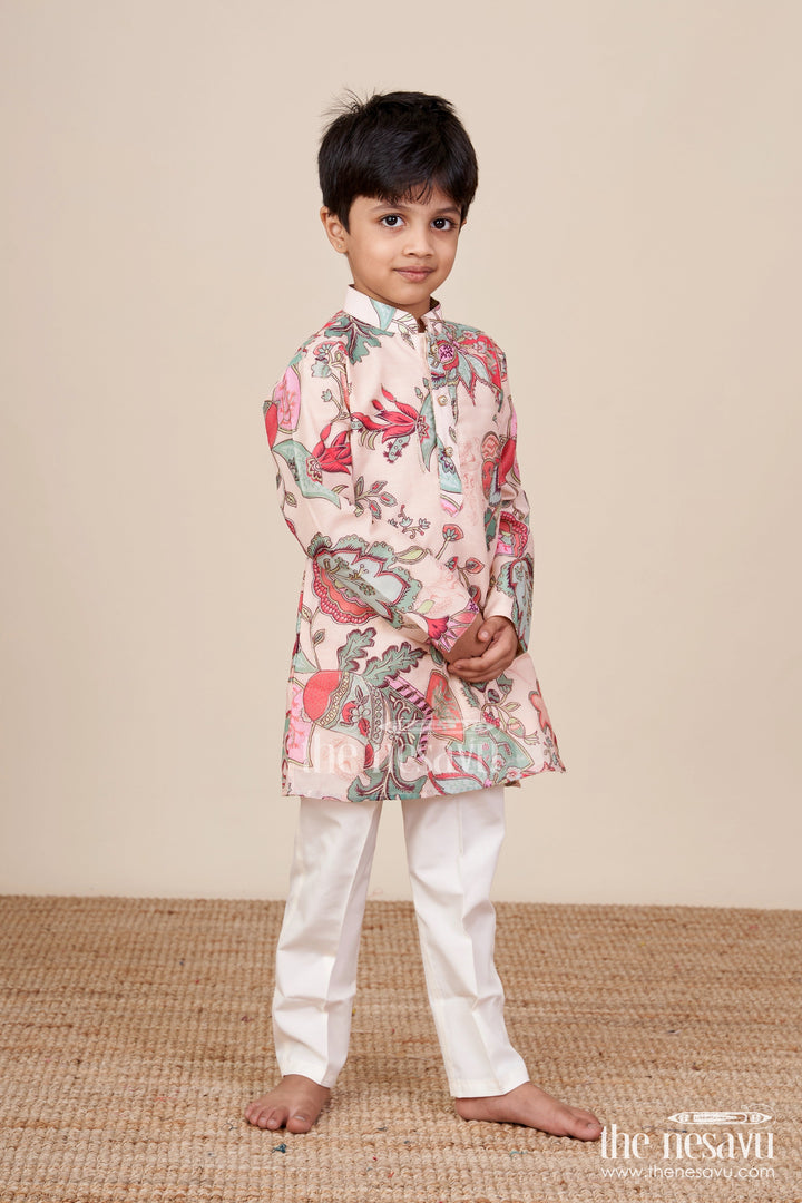 The Nesavu Boys Kurtha Set Boys Kurta Set for Ethnic Day and Cultural Celebrations Nesavu Nesavu boys kurta set floral digital print cotton ethnic functions school celebrations