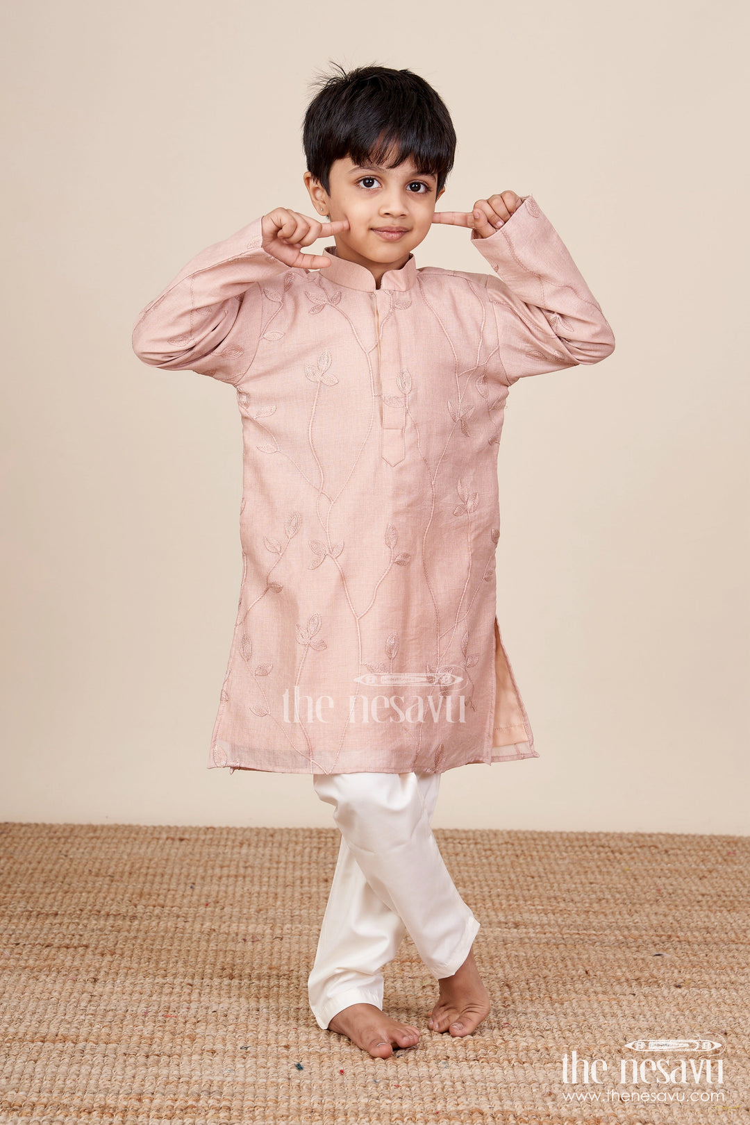 The Nesavu Boys Kurtha Set Boys Kurta Set for Ethnic Functions and Family Celebrations Nesavu 18 (2Y) / Peach BES764C-18 Nesavu boys cotton kurta set thread embroidery  ideal ethnic celebrations pujas
