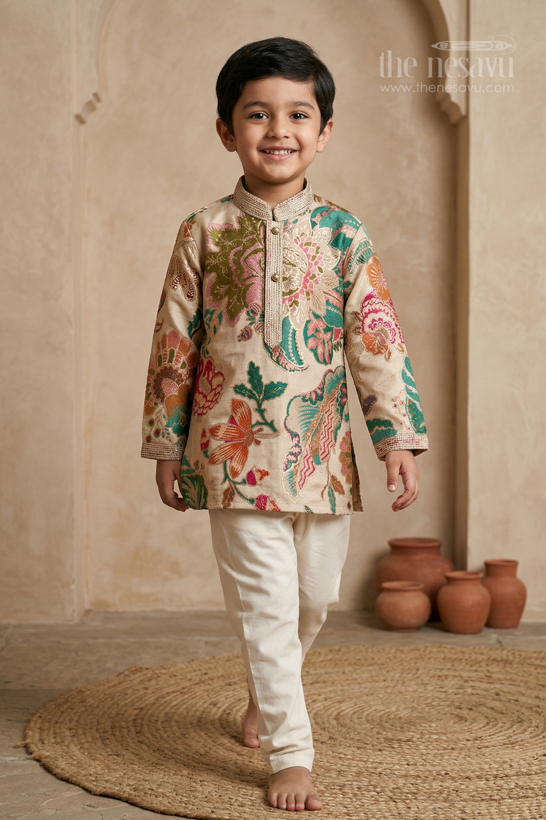 The Nesavu Boys Kurtha Set Boys Kurta Set for Festive Celebrations and Family Functions Nesavu 14 (6M) / Multicolor / Viscose BES955A-14 Nesavu boys viscose blend silk kurta set with designer embroidery for festive wear