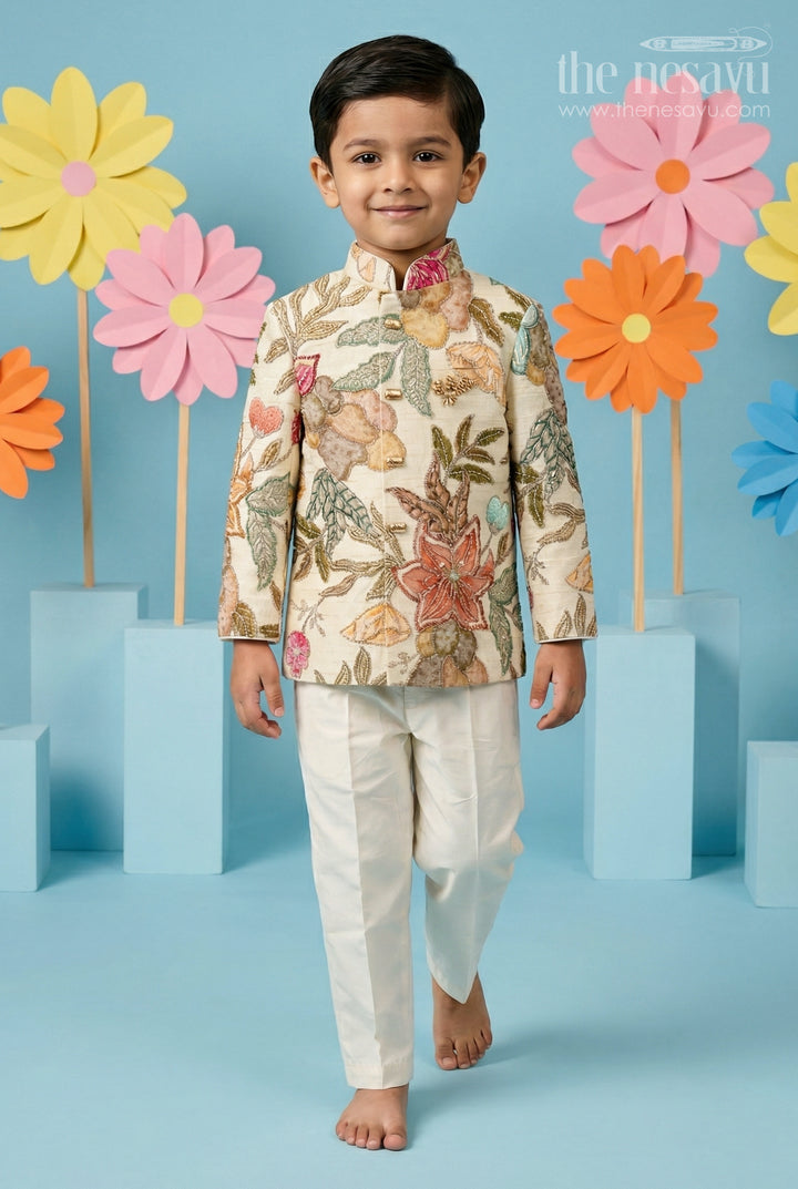 The Nesavu Boys Kurtha Set Boys Kurta Set for Festive Celebrations and Traditional Functions Nesavu 16 (1Y) / Yellow / Viscose Silk BES965B-16 Nesavu Boys Kurta Set For Festive Occasions With Viscose Blend Silk And Digital Print Design