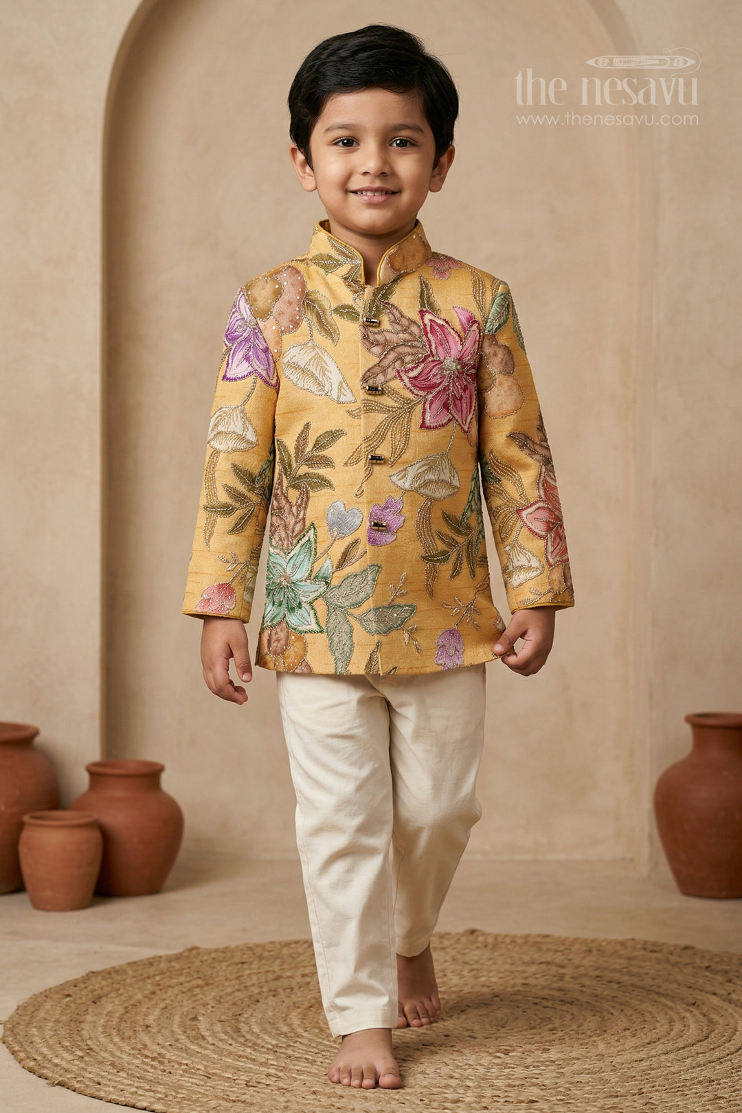 The Nesavu Boys Kurtha Set Boys Kurta Set for Festive Celebrations and Traditional Gatherings Nesavu 16 (1Y) / Yellow / Viscose Silk BES965A-16 Nesavu boys viscose blend silk kurta set with digital print for festive celebrations