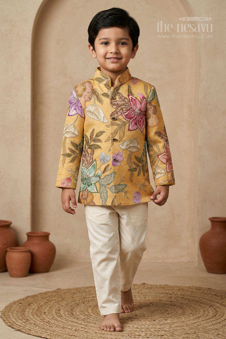 The Nesavu Boys Kurtha Set Boys Kurta Set for Festive Celebrations and Traditional Gatherings Nesavu 16 (1Y) / Yellow / Viscose Silk BES965A-16 Nesavu boys viscose blend silk kurta set with digital print for festive celebrations