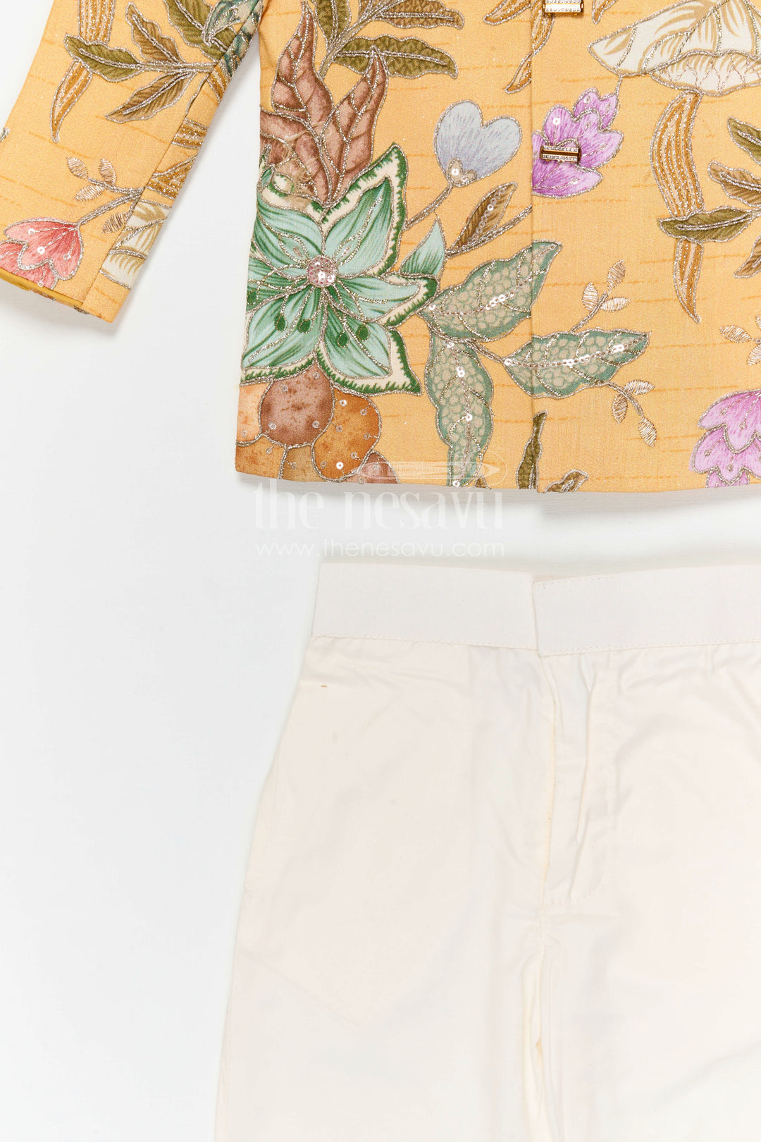 The Nesavu Boys Kurtha Set Boys Kurta Set for Festive Celebrations and Traditional Gatherings Nesavu Nesavu boys viscose blend silk kurta set with digital print for festive celebrations