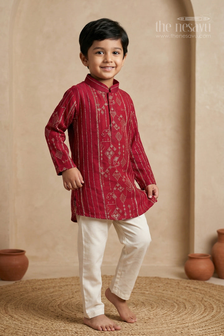 The Nesavu Boys Kurtha Set Boys Kurta Set for Festive Celebrations and Traditional Occasions Nesavu 16 (1Y) / Red / Viscose BES972A-16 Nesavu boys viscose silk blend kurta set with embroidery design for festive celebrations and traditional wear