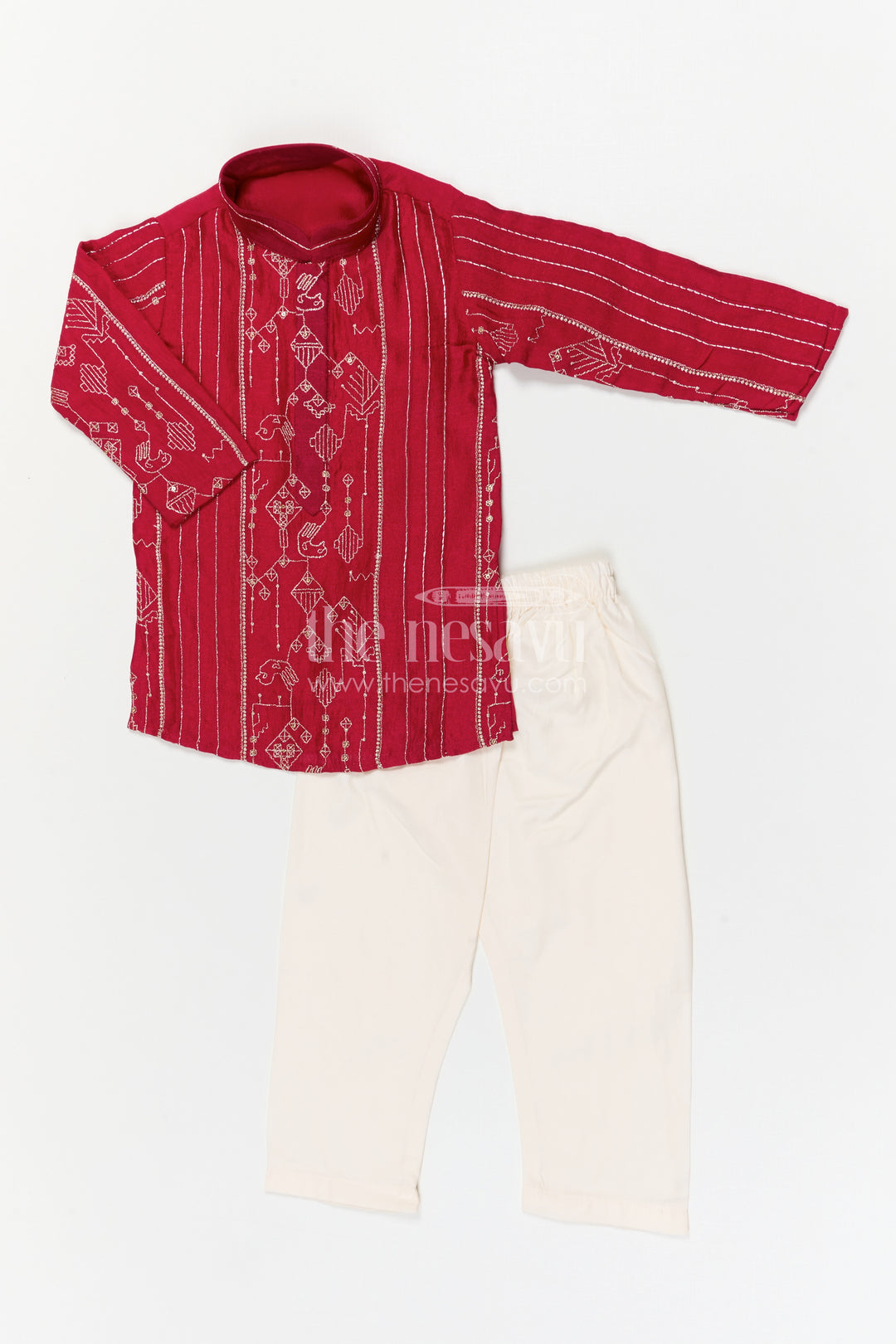The Nesavu Boys Kurtha Set Boys Kurta Set for Festive Celebrations and Traditional Occasions Nesavu Nesavu boys viscose silk blend kurta set with embroidery design for festive celebrations and traditional wear