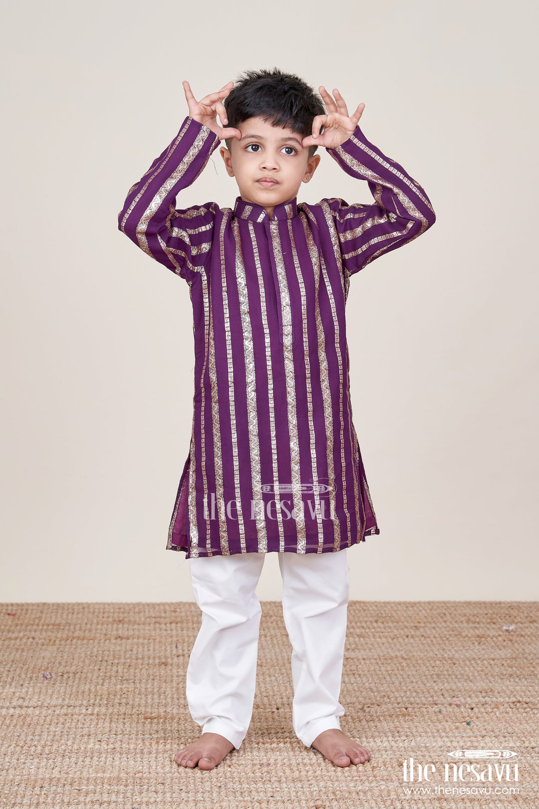 The Nesavu Boys Kurtha Set Boys Kurta Set for Festive Functions and Family Celebrations Nesavu 14 (6M) / Purple BES760A-14 Nesavu boys kurta set banaras fabric zari work weddings festive occasions