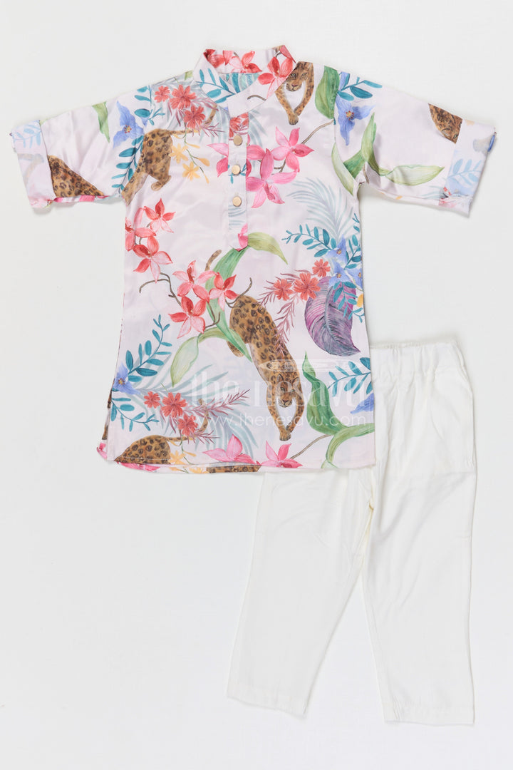 The Nesavu Boys Kurtha Set Boys Kurta Set for Festive Occasions and Family Celebrations Nesavu 16 (1Y) / Cream / Cotton Silk BES959A-16 Nesavu boys silk cotton printed kurta set for festive occasions weddings and family celebrations