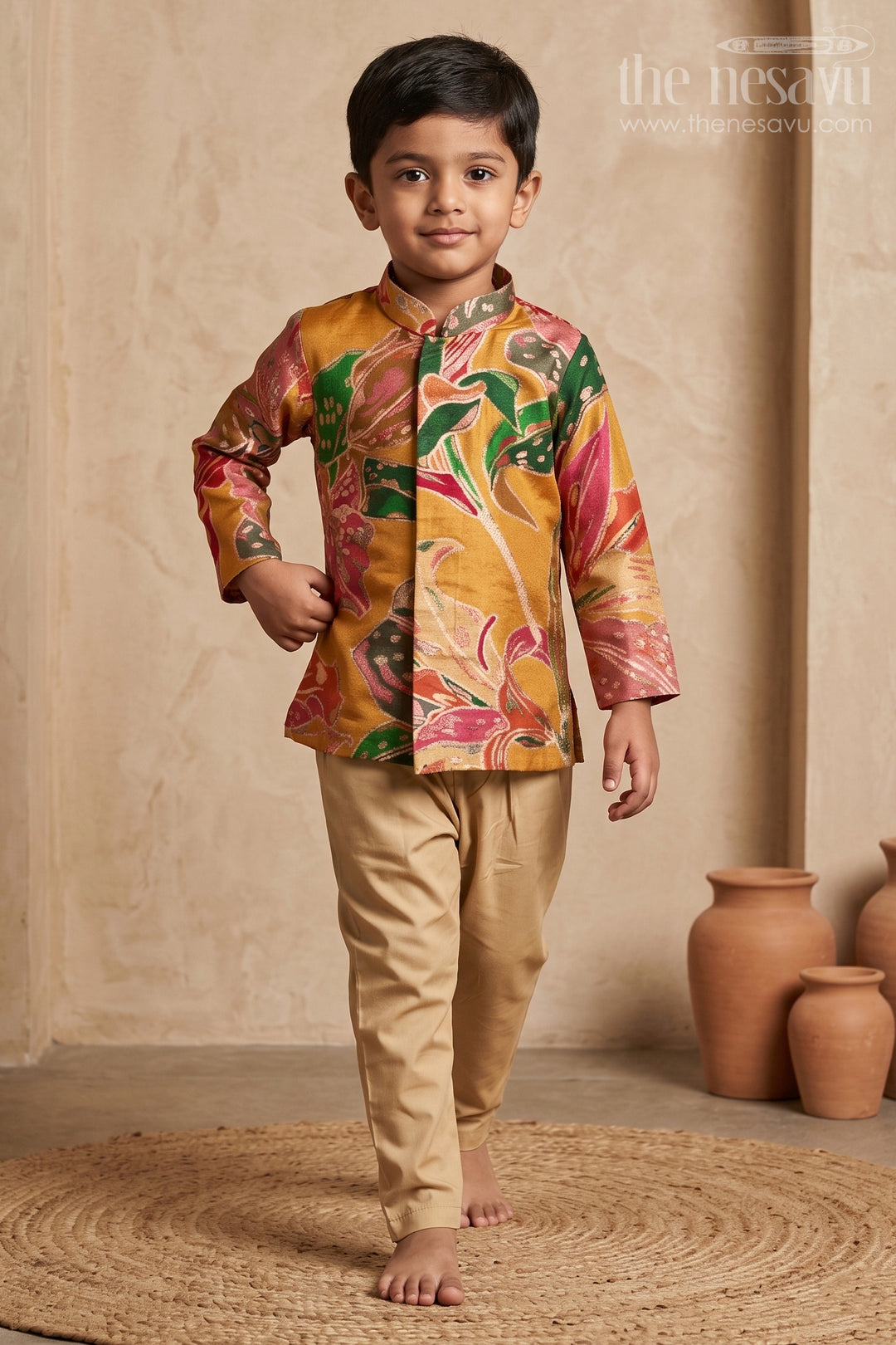 The Nesavu Boys Kurtha Set Boys Kurta Set for Festive Wear and Family Functions Nesavu 16 (1Y) / Yellow / Viscose BES1012A-16 Nesavu Boys Kurta Set For Festive Wear With Digital Print Design And Comfortable Traditional Outfit