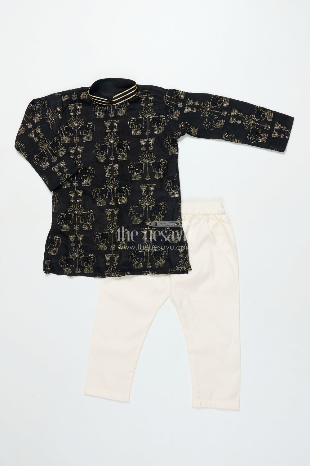 The Nesavu Boys Kurtha Set Boys Kurta Set for Festive Wear and Traditional Events Nesavu 18 (2Y) / Black BES754A-18 Nesavu boys embroidered kurta set blend silk festivals traditional celebrations