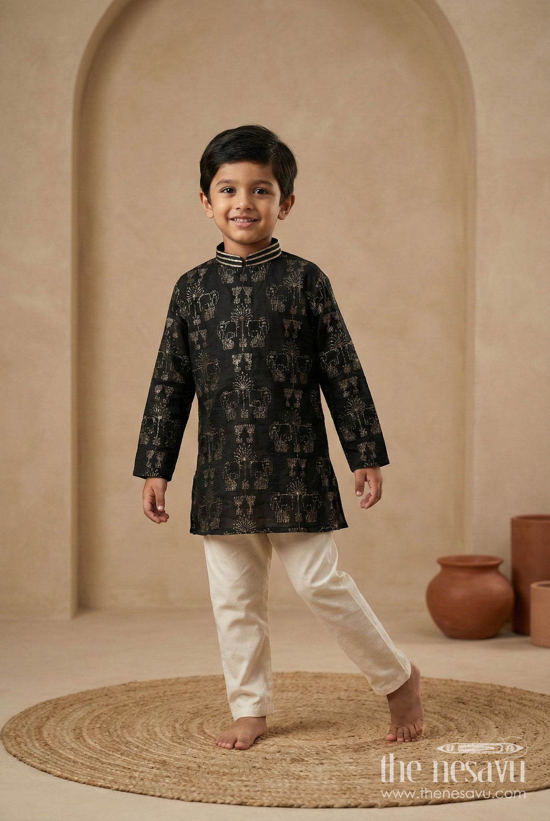 The Nesavu Boys Kurtha Set Boys Kurta Set for Festive Wear and Traditional Events Nesavu 18 (2Y) / Black BES754A-18 Nesavu boys embroidered kurta set blend silk festivals traditional celebrations