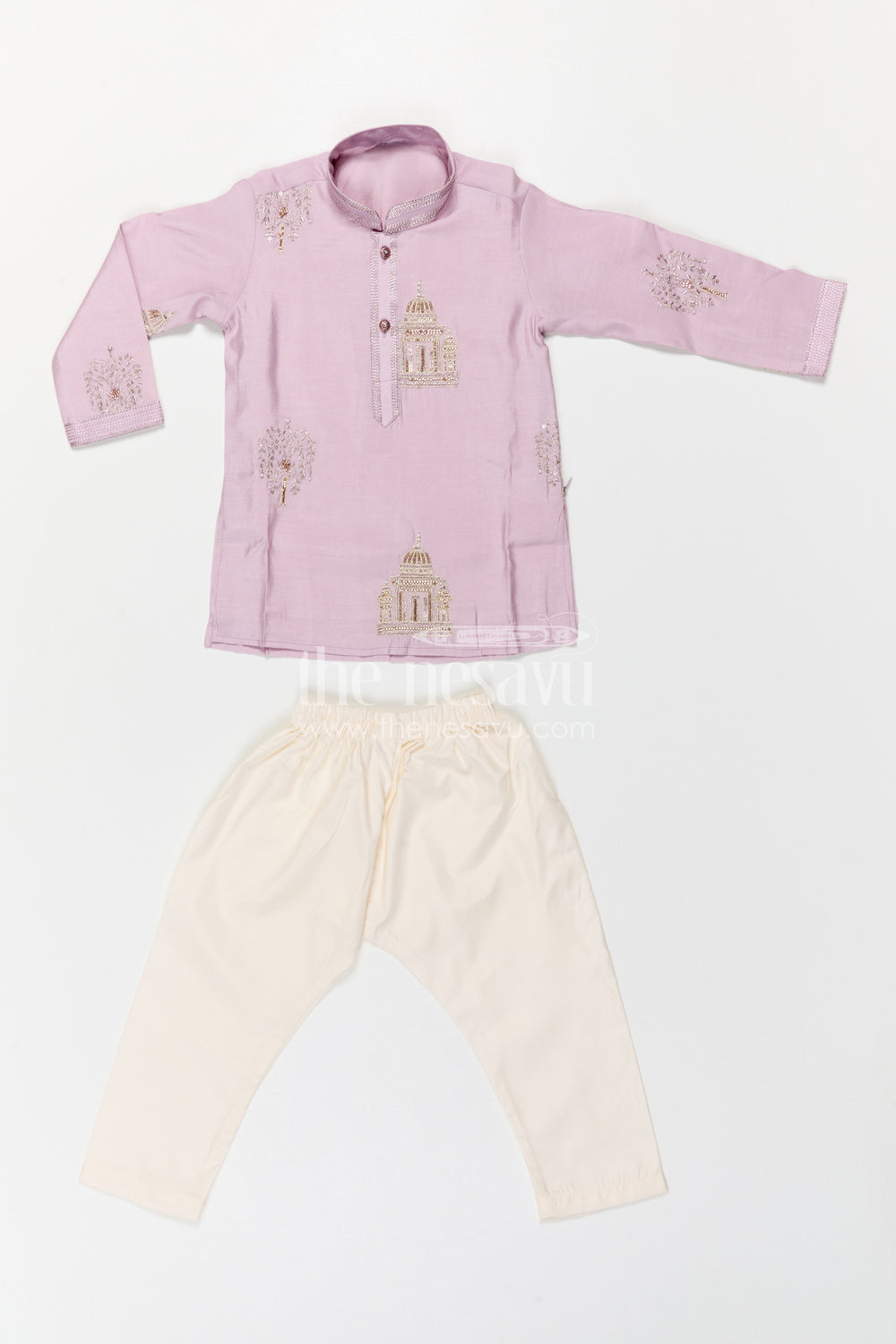 The Nesavu Boys Kurtha Set Boys Kurta Set for Festive Wear and Traditional Occasions Nesavu Nesavu Boys Purple Kurta Set In Viscose Silk With Embroidery Design For Festive And Traditional Occasions