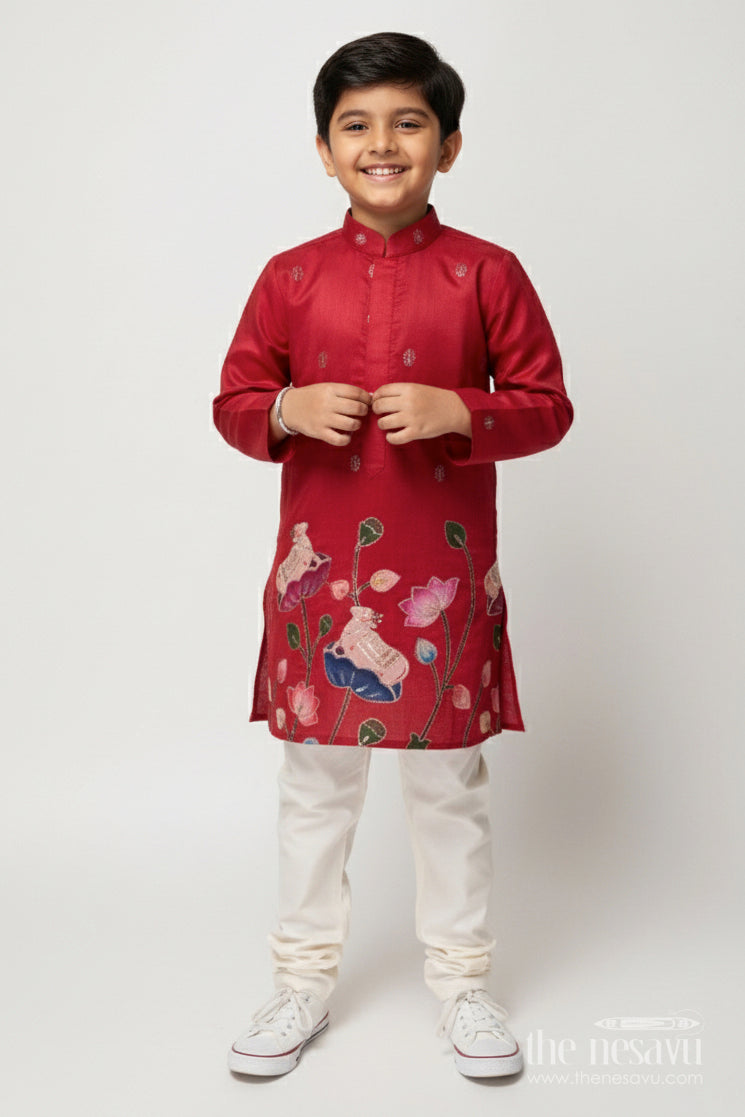 The Nesavu Boys Kurtha Set Boys Kurta Set for Temple Visits and Traditional Family Events Nesavu 16 (1Y) / Red BES821A-16 Nesavu boys kurta set embroidered festive motifs traditional family occasions
