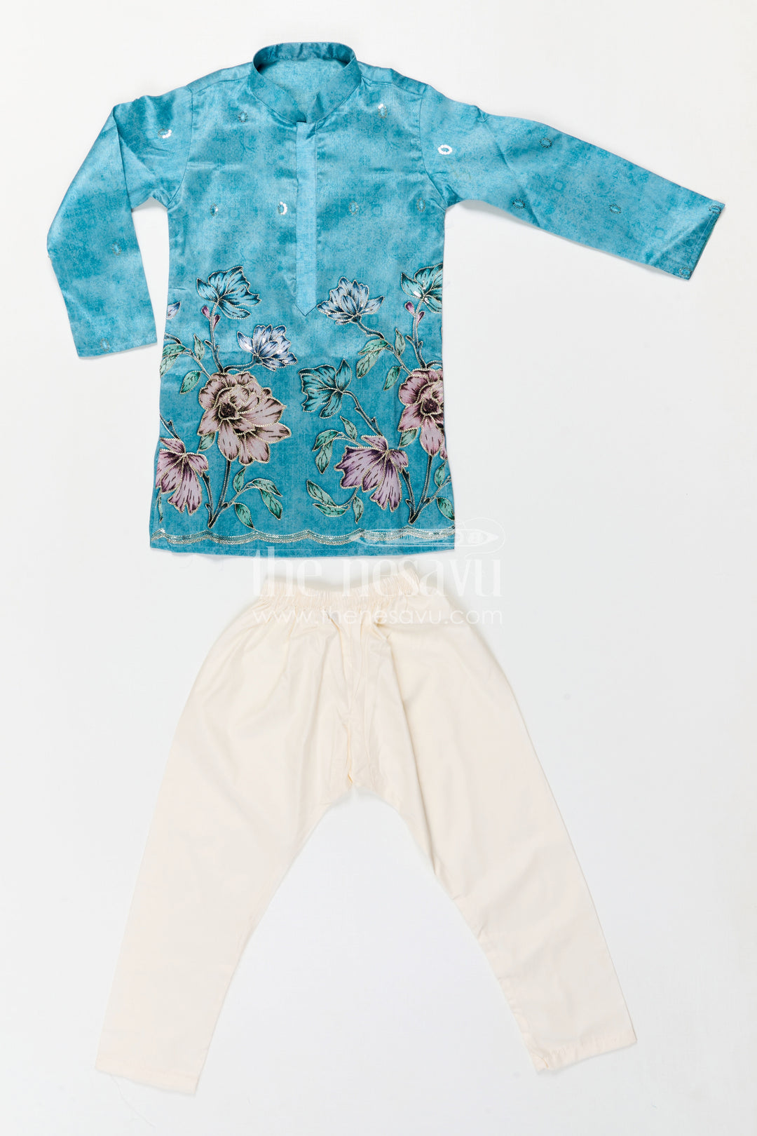 The Nesavu Boys Kurtha Set Boys Kurta Set for Weddings and Festive Celebrations Nesavu Nesavu Boys Green Kurta Set In Viscose Silk With Embroidery For Weddings And Festive Celebrations