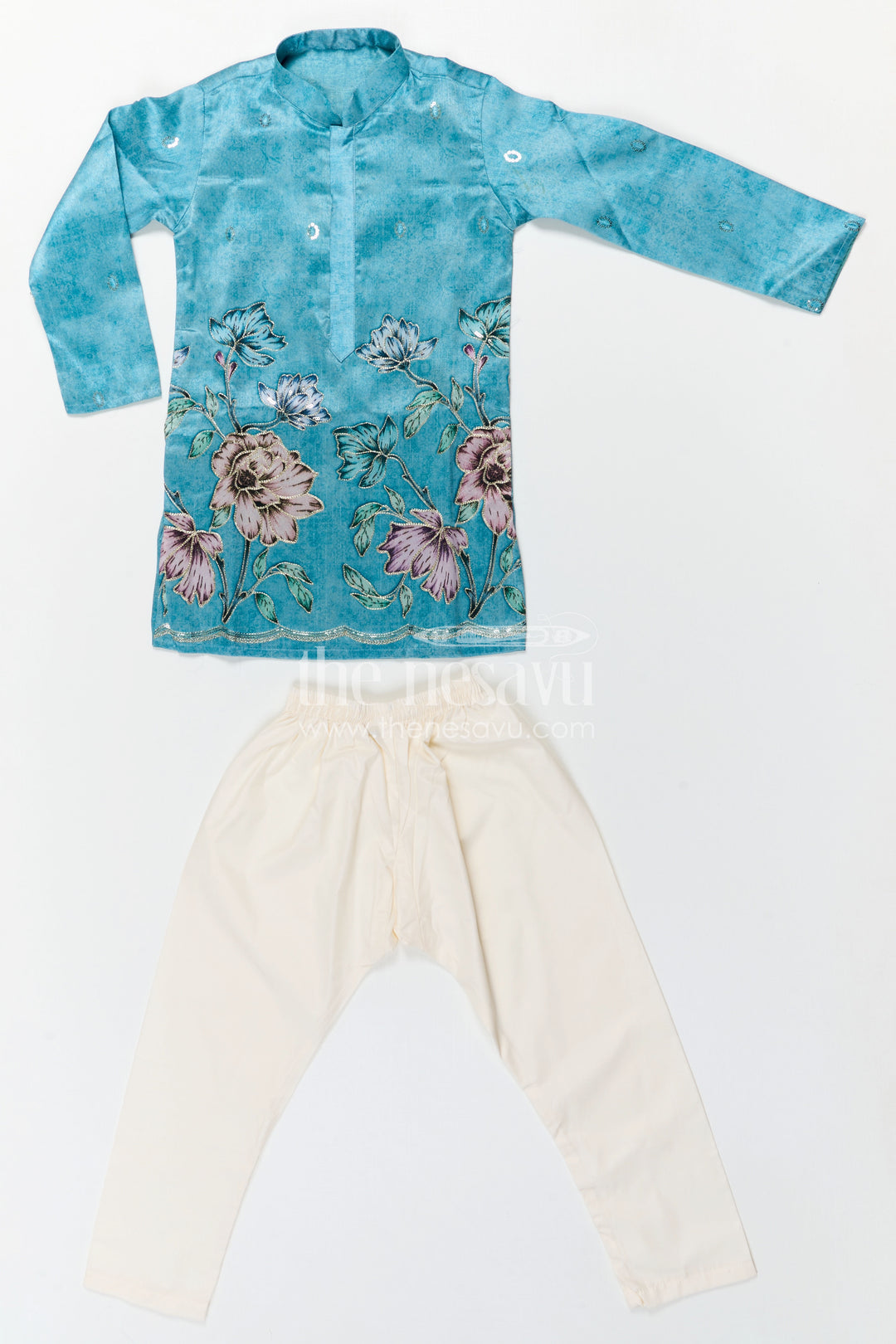 The Nesavu Boys Kurtha Set Boys Kurta Set for Weddings and Festive Celebrations Nesavu Nesavu Boys Green Kurta Set In Viscose Silk With Embroidery For Weddings And Festive Celebrations