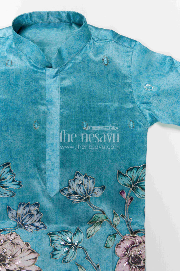 The Nesavu Boys Kurtha Set Boys Kurta Set for Weddings and Festive Celebrations Nesavu Nesavu Boys Green Kurta Set In Viscose Silk With Embroidery For Weddings And Festive Celebrations