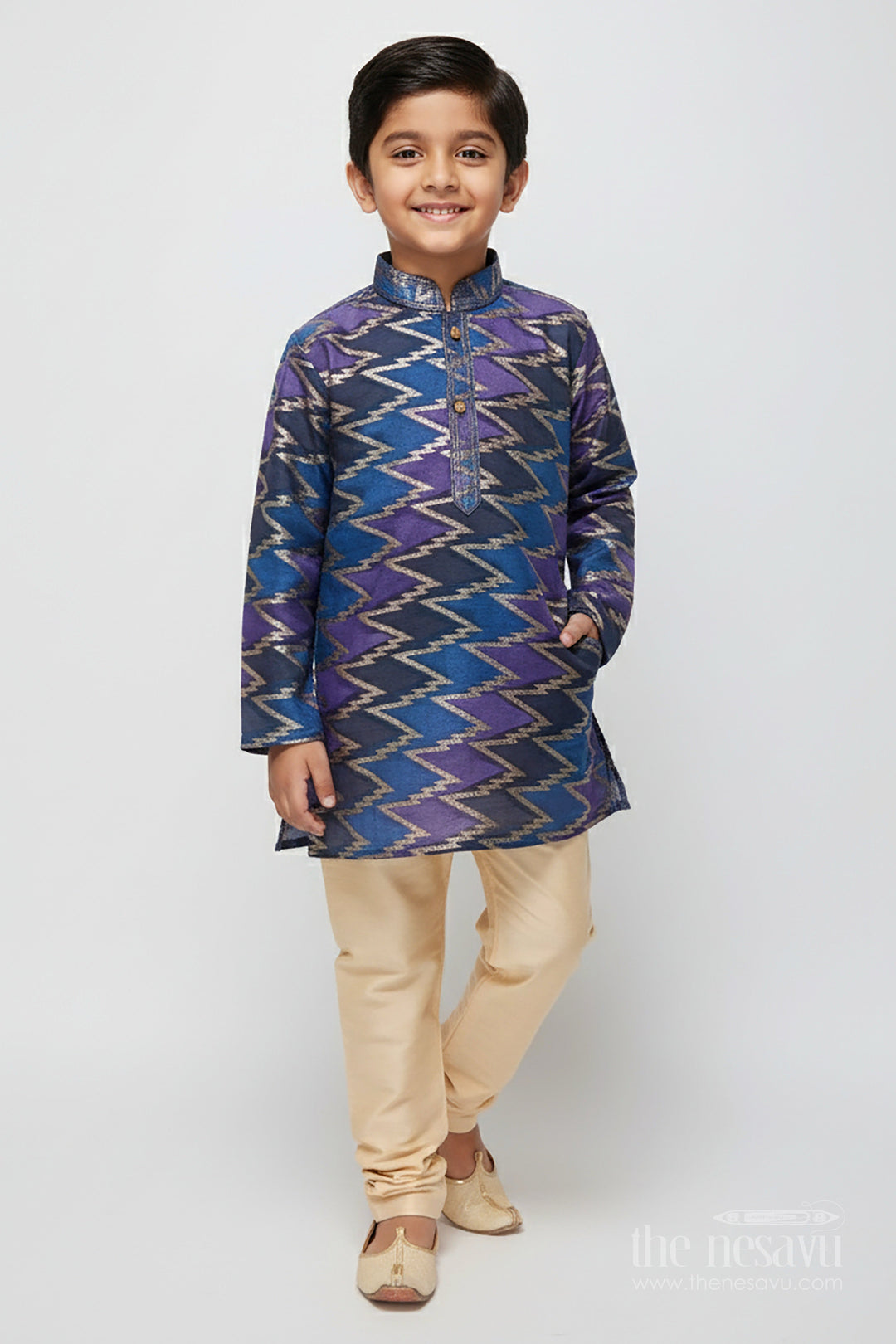 The Nesavu Boys Kurtha Set Boys Kurta Set with Banarasi Weave Design for Wedding and Ethnic Day Nesavu 16 (1Y) / Blue BES856A-16 Nesavu Banarasi weave boys kurta set silk cotton ideal traditional school ethnic day wear