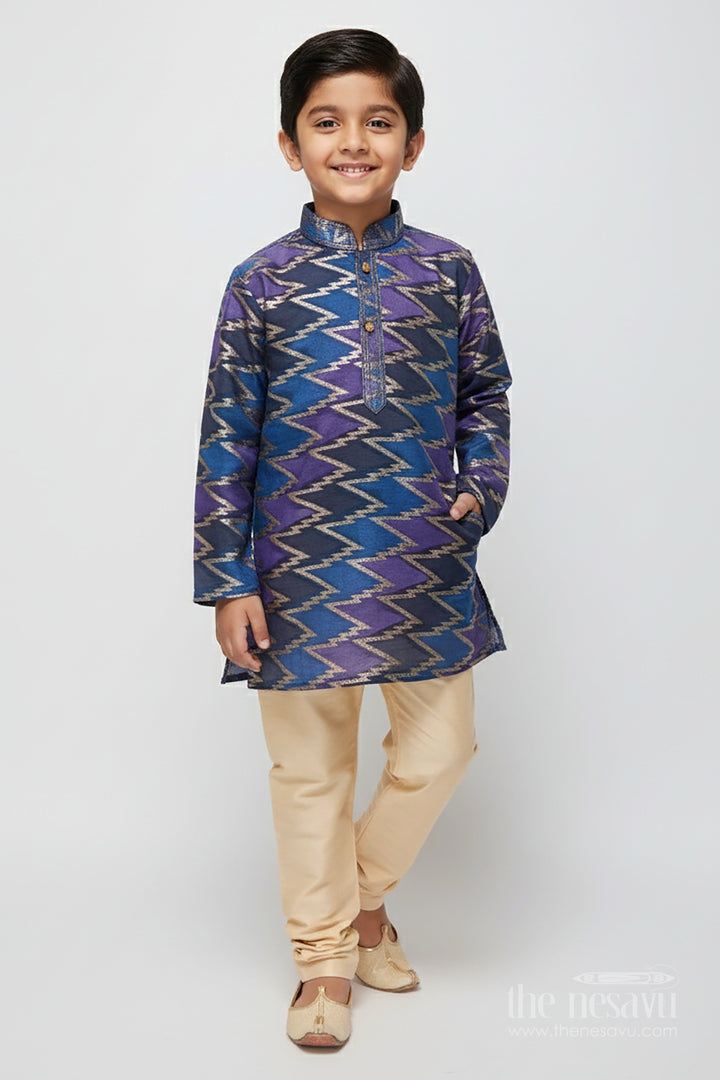 The Nesavu Boys Kurtha Set Boys Kurta Set with Banarasi Weave Design for Wedding and Ethnic Day Nesavu 16 (1Y) / Blue BES856A-16 Nesavu Banarasi weave boys kurta set silk cotton ideal traditional school ethnic day wear