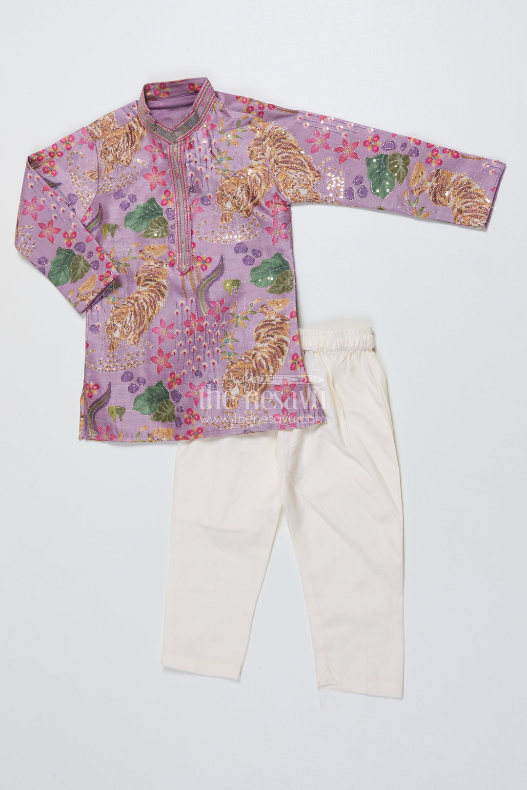 The Nesavu Boys Kurtha Set Boys Kurta Set with Bold Tiger Embroidery for Wedding and Ethnic Day Nesavu 16 (1Y) / Purple BES819B-16 Nesavu boys kurta set tiger print sequin embroidery festive events school functions