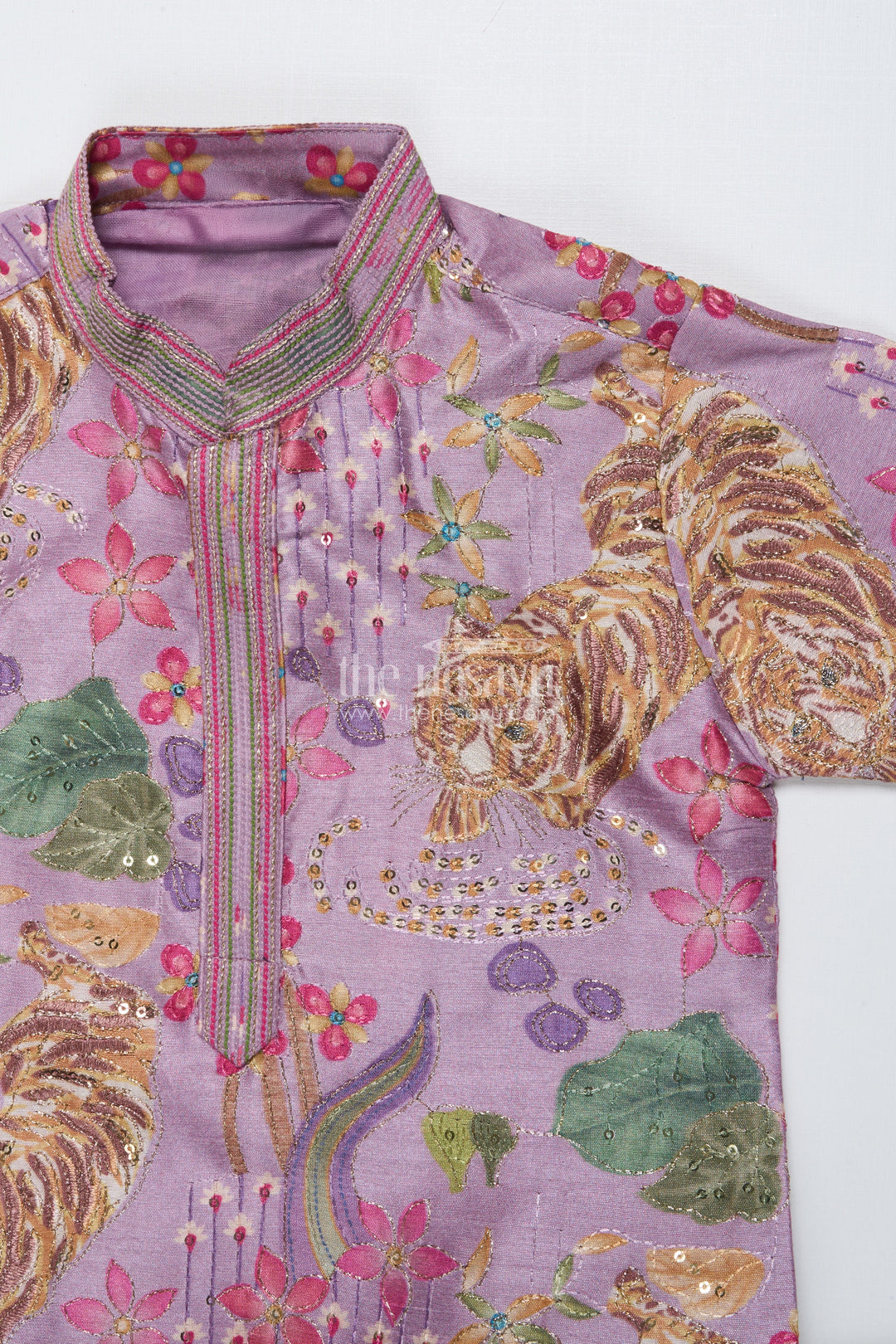 The Nesavu Boys Kurtha Set Boys Kurta Set with Bold Tiger Embroidery for Wedding and Ethnic Day Nesavu Nesavu boys kurta set tiger print sequin embroidery festive events school functions