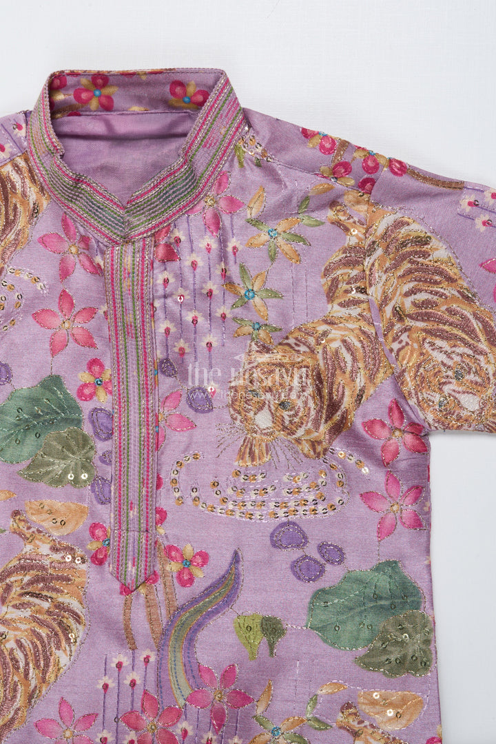 The Nesavu Boys Kurtha Set Boys Kurta Set with Bold Tiger Embroidery for Wedding and Ethnic Day Nesavu Nesavu boys kurta set tiger print sequin embroidery festive events school functions
