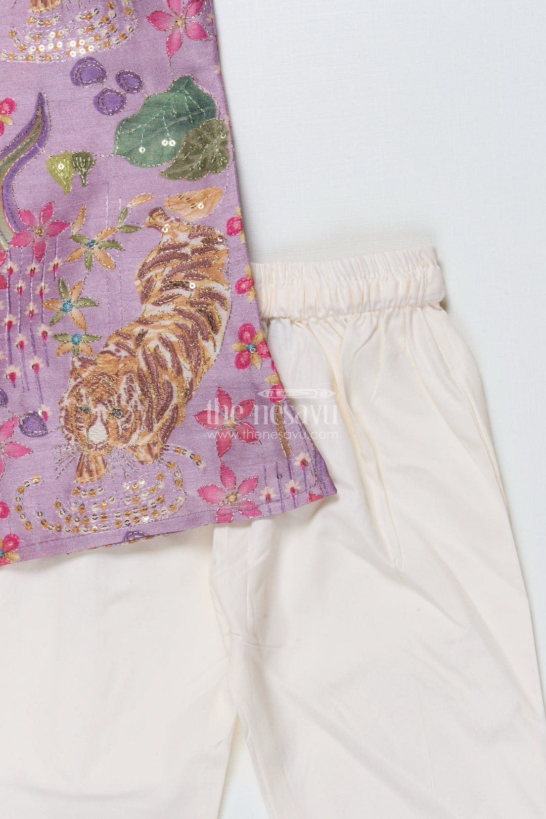 The Nesavu Boys Kurtha Set Boys Kurta Set with Bold Tiger Embroidery for Wedding and Ethnic Day Nesavu Nesavu boys kurta set tiger print sequin embroidery festive events school functions