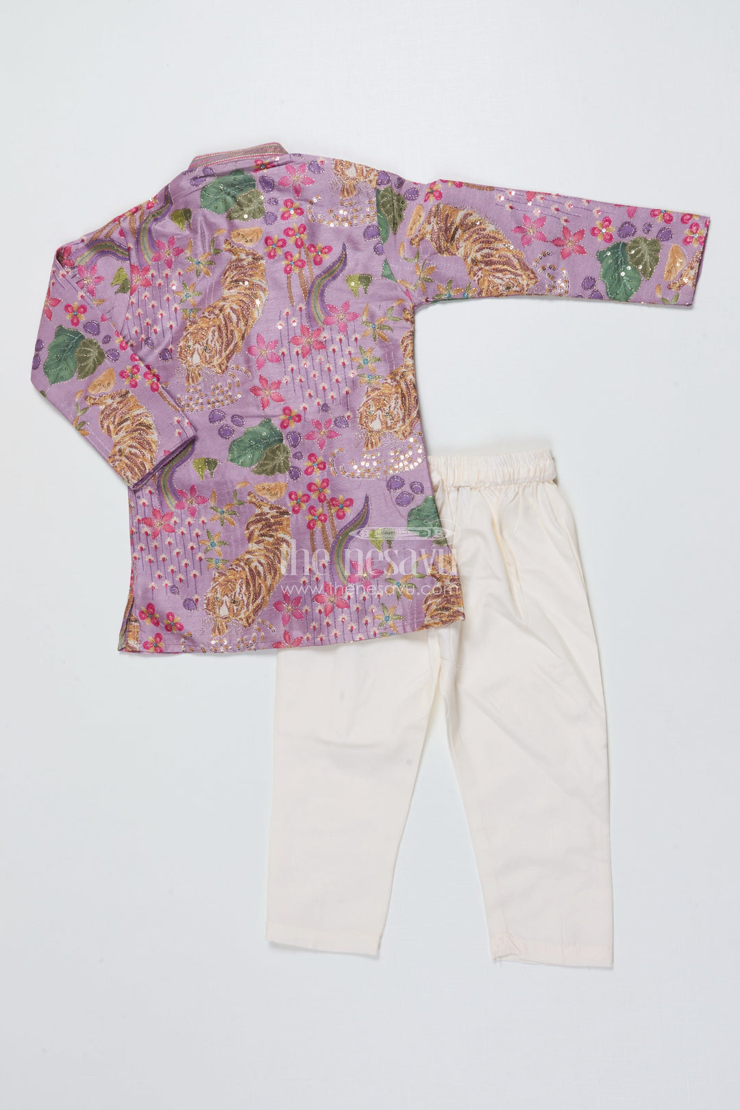 The Nesavu Boys Kurtha Set Boys Kurta Set with Bold Tiger Embroidery for Wedding and Ethnic Day Nesavu Nesavu boys kurta set tiger print sequin embroidery festive events school functions