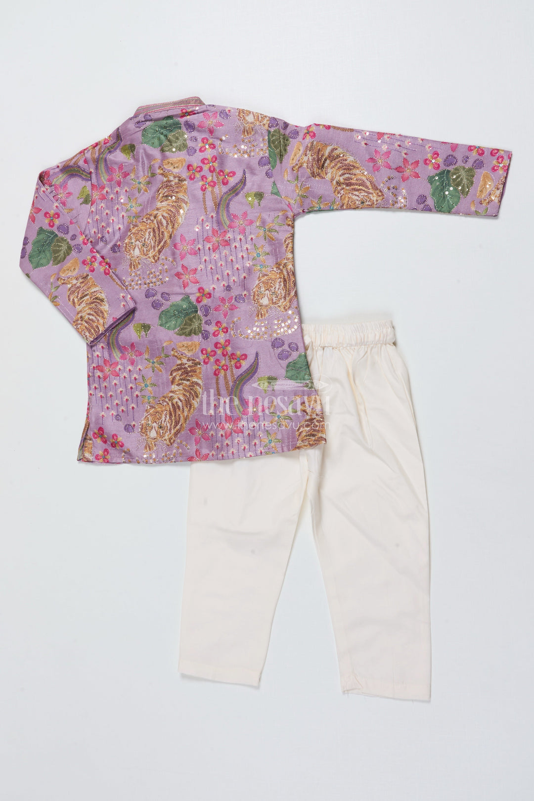 The Nesavu Boys Kurtha Set Boys Kurta Set with Bold Tiger Embroidery for Wedding and Ethnic Day Nesavu Nesavu boys kurta set tiger print sequin embroidery festive events school functions