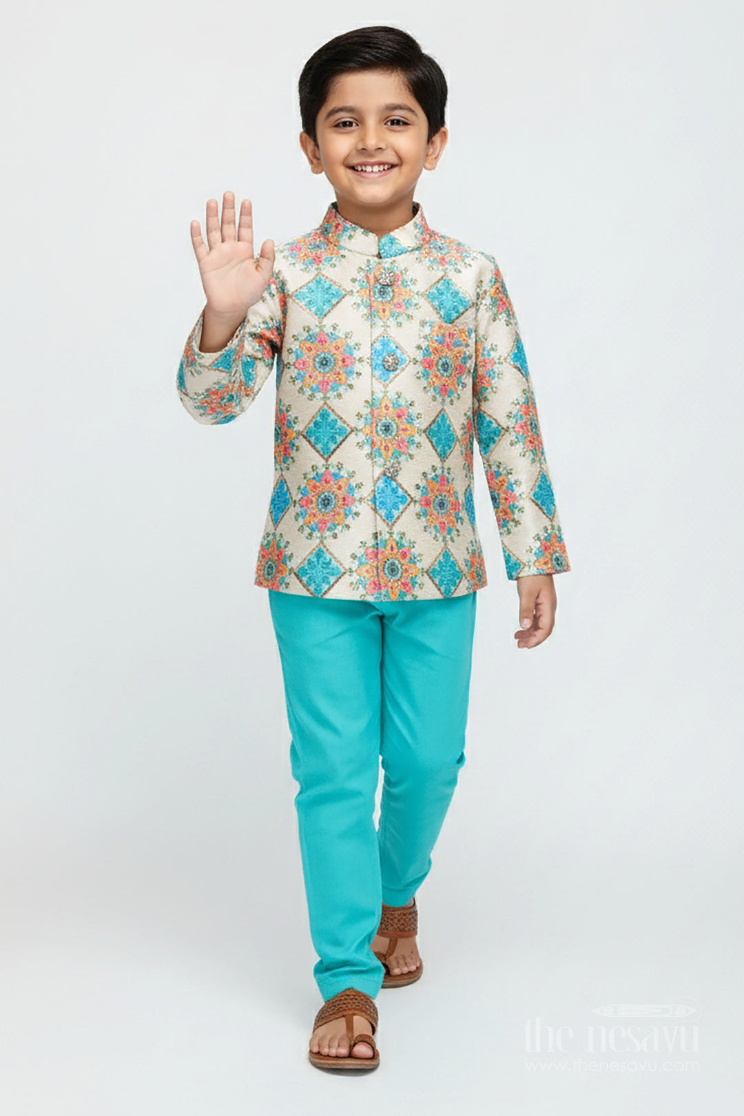 The Nesavu Boys Dothi Set Boys Kurta Set with Dhoti and Pajama for Cultural Events and Functions Nesavu 12 (3M) / Blue BES805A-12 Nesavu boys kurta dhoti pajama set mandala print traditional festive events