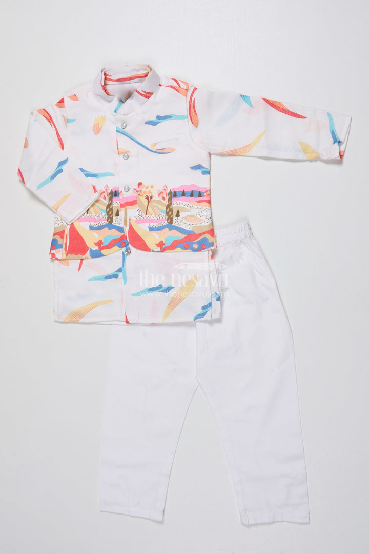 The Nesavu Boys Kurtha Set Boys Kurta Set with Digital Print Jacket for Festive Occasions Nesavu 16 (1Y) / Half white BES841A-16 Nesavu boys cotton kurta set colorful digital print jacket school festive wear