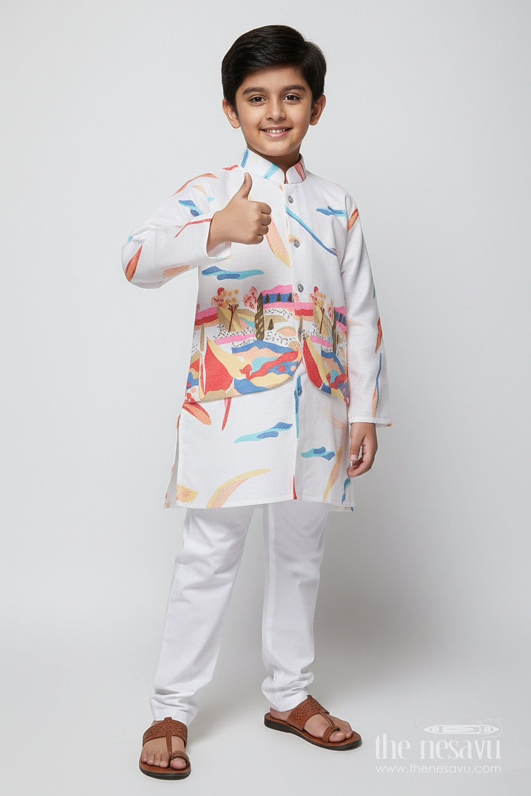 The Nesavu Boys Kurtha Set Boys Kurta Set with Digital Print Jacket for Festive Occasions Nesavu 16 (1Y) / Half white BES841A-16 Nesavu boys cotton kurta set colorful digital print jacket school festive wear