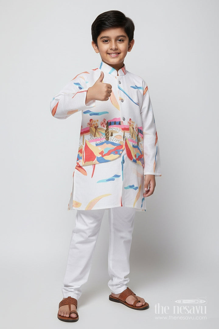 The Nesavu Boys Kurtha Set Boys Kurta Set with Digital Print Jacket for Festive Occasions Nesavu 16 (1Y) / Half white BES841A-16 Nesavu boys cotton kurta set colorful digital print jacket school festive wear