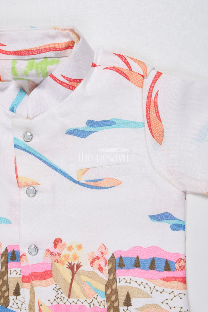 The Nesavu Boys Kurtha Set Boys Kurta Set with Digital Print Jacket for Festive Occasions Nesavu Nesavu boys cotton kurta set colorful digital print jacket school festive wear