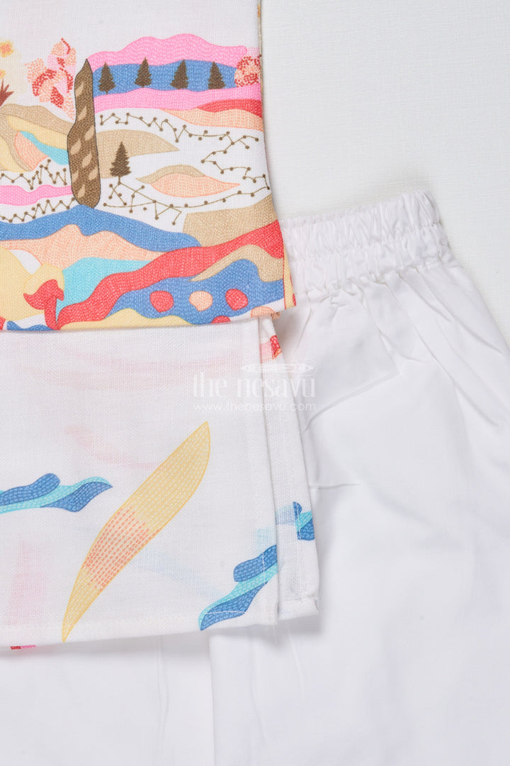 The Nesavu Boys Kurtha Set Boys Kurta Set with Digital Print Jacket for Festive Occasions Nesavu Nesavu boys cotton kurta set colorful digital print jacket school festive wear