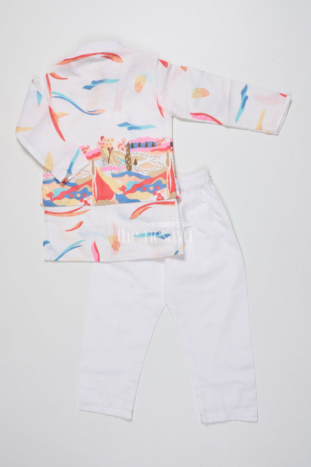 The Nesavu Boys Kurtha Set Boys Kurta Set with Digital Print Jacket for Festive Occasions Nesavu Nesavu boys cotton kurta set colorful digital print jacket school festive wear