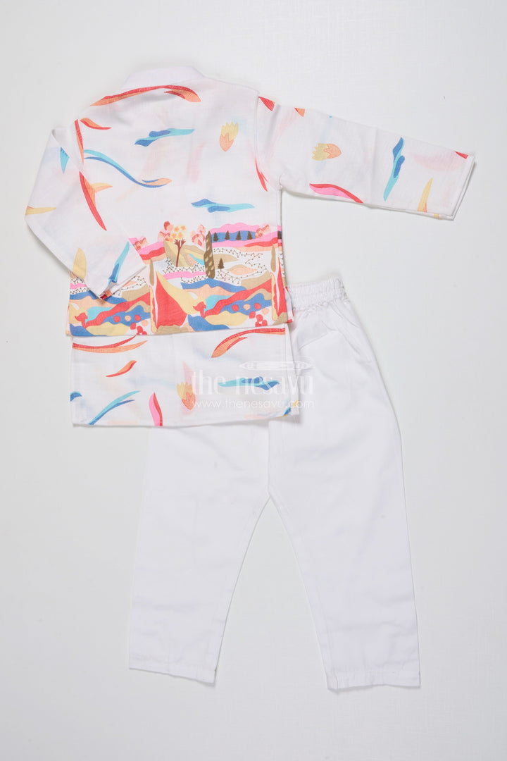 The Nesavu Boys Kurtha Set Boys Kurta Set with Digital Print Jacket for Festive Occasions Nesavu Nesavu boys cotton kurta set colorful digital print jacket school festive wear