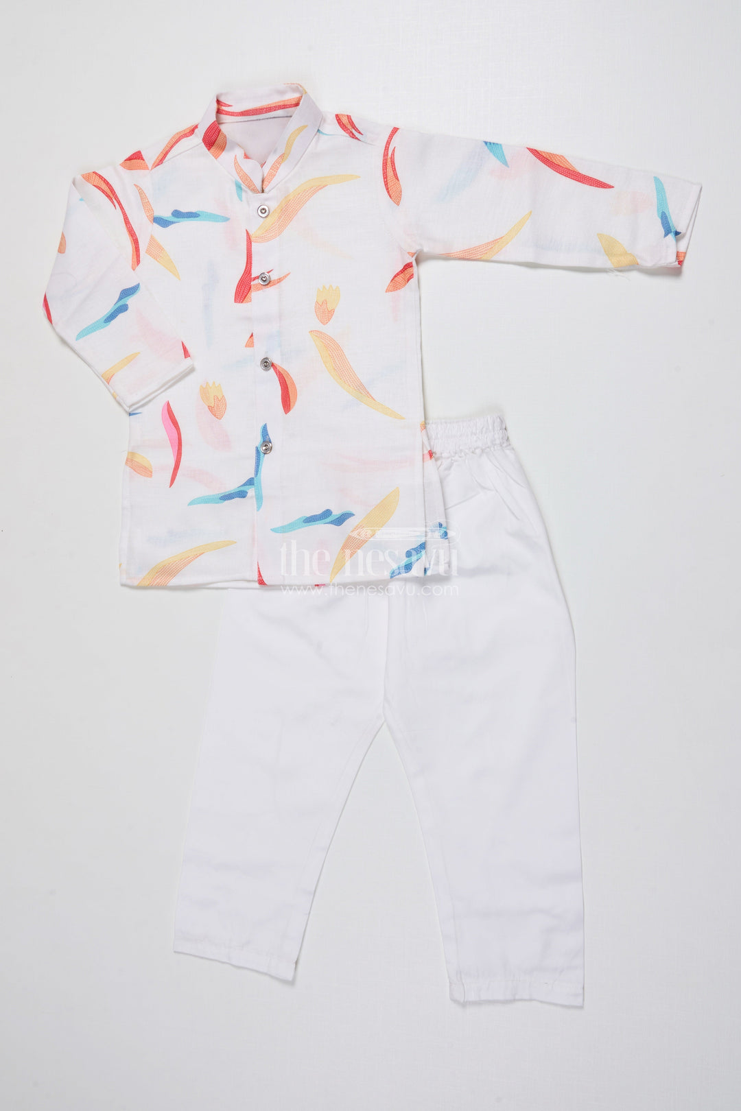 The Nesavu Boys Kurtha Set Boys Kurta Set with Digital Print Jacket for Festive Occasions Nesavu Nesavu boys cotton kurta set colorful digital print jacket school festive wear