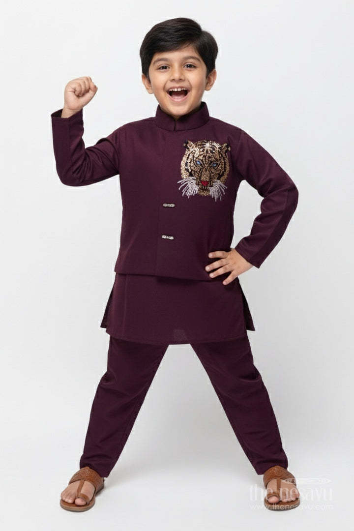 The Nesavu Boys Kurtha Set Boys Kurta Set with Embellished Jacket for Weddings and Festive Wear Nesavu 16 (1Y) / Purple BES859A-16 Nesavu boys kurta set embellished tiger motif jacket ideal weddings festive celebrations