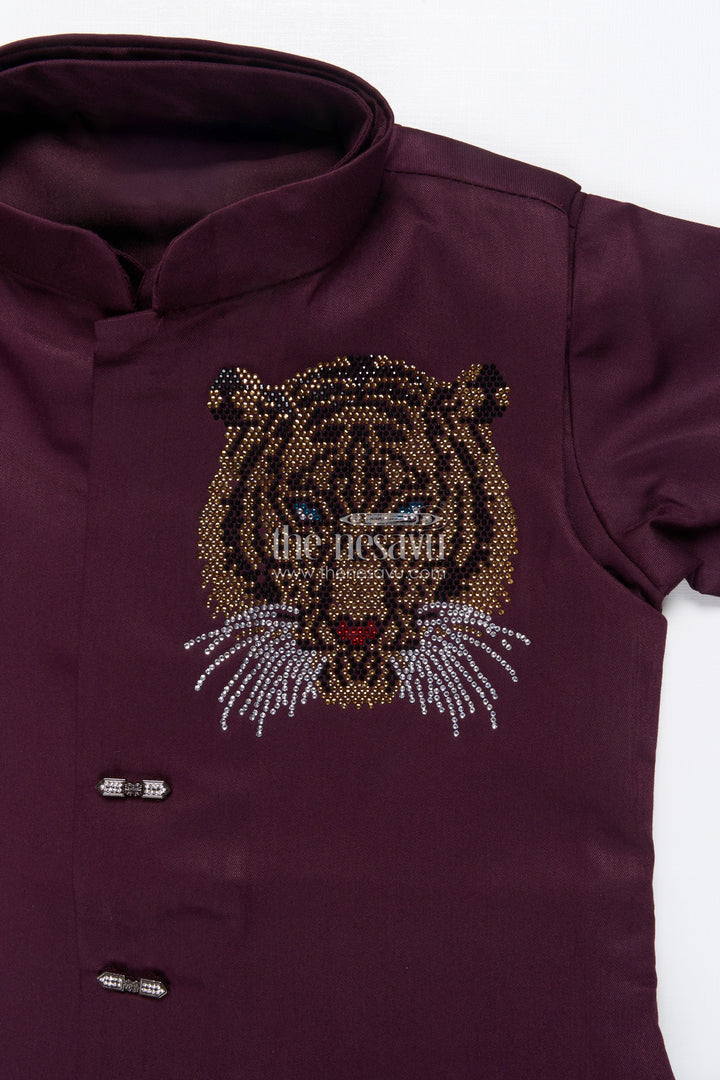 The Nesavu Boys Kurtha Set Boys Kurta Set with Embellished Jacket for Weddings and Festive Wear Nesavu Nesavu boys kurta set embellished tiger motif jacket ideal weddings festive celebrations