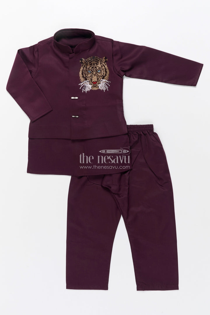 The Nesavu Boys Kurtha Set Boys Kurta Set with Embellished Jacket for Weddings and Festive Wear Nesavu Nesavu boys kurta set embellished tiger motif jacket ideal weddings festive celebrations