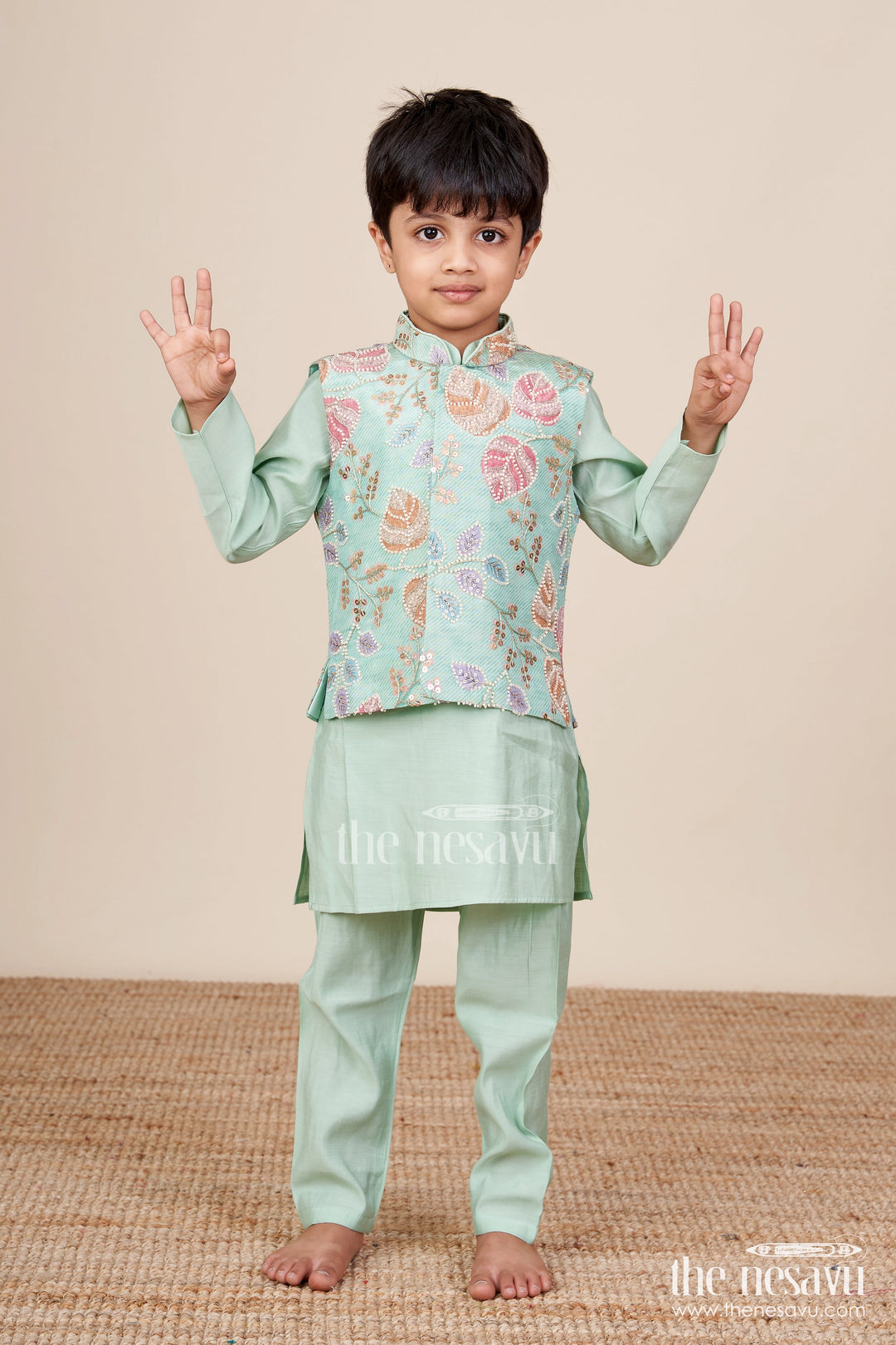 The Nesavu Boys Kurtha Set Boys Kurta Set with Embroidered Jacket for Weddings and Special Occasions Nesavu 16 (1Y) / Green BES848B-16 Nesavu boys kurta set designer floral embroidered jacket  wedding event wear