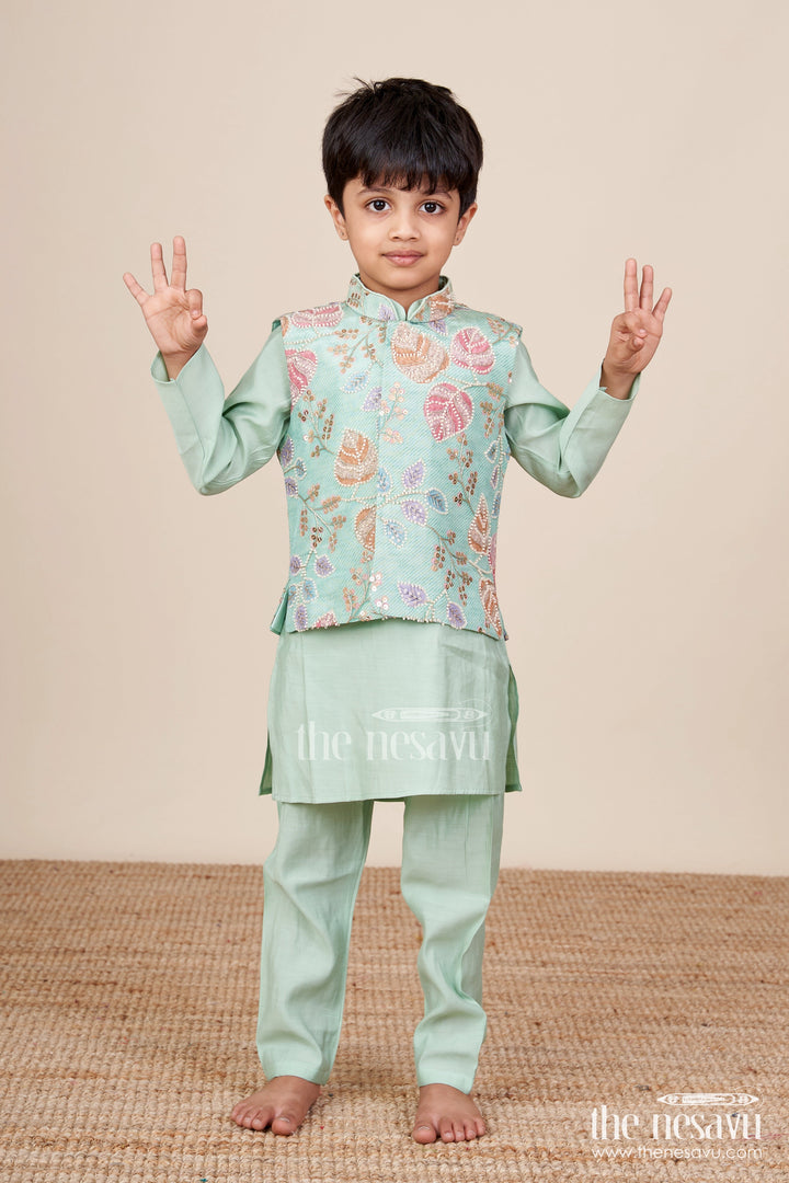 The Nesavu Boys Kurtha Set Boys Kurta Set with Embroidered Jacket for Weddings and Special Occasions Nesavu 16 (1Y) / Green BES848B-16 Nesavu boys kurta set designer floral embroidered jacket  wedding event wear