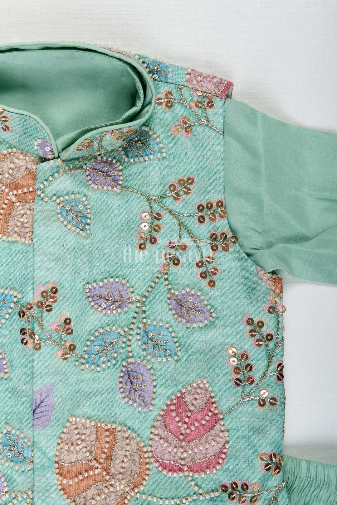 The Nesavu Boys Kurtha Set Boys kurta set with embroidered jacket for weddings and special occasions Nesavu Nesavu boys kurta set designer floral embroidered jacket  wedding event wear