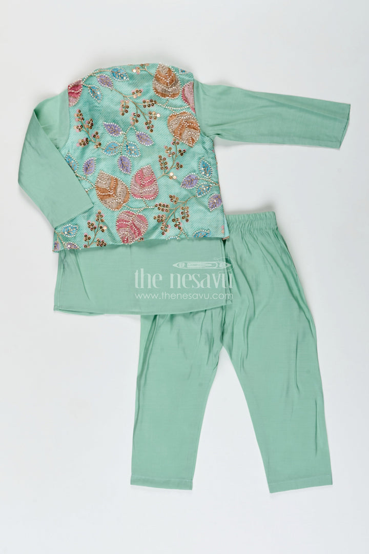 The Nesavu Boys Kurtha Set Boys kurta set with embroidered jacket for weddings and special occasions Nesavu Nesavu boys kurta set designer floral embroidered jacket  wedding event wear